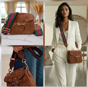 Gucci Lady Web Medium Brown Suede Crossbody Bag Horsebit ✨ 2 Straps
